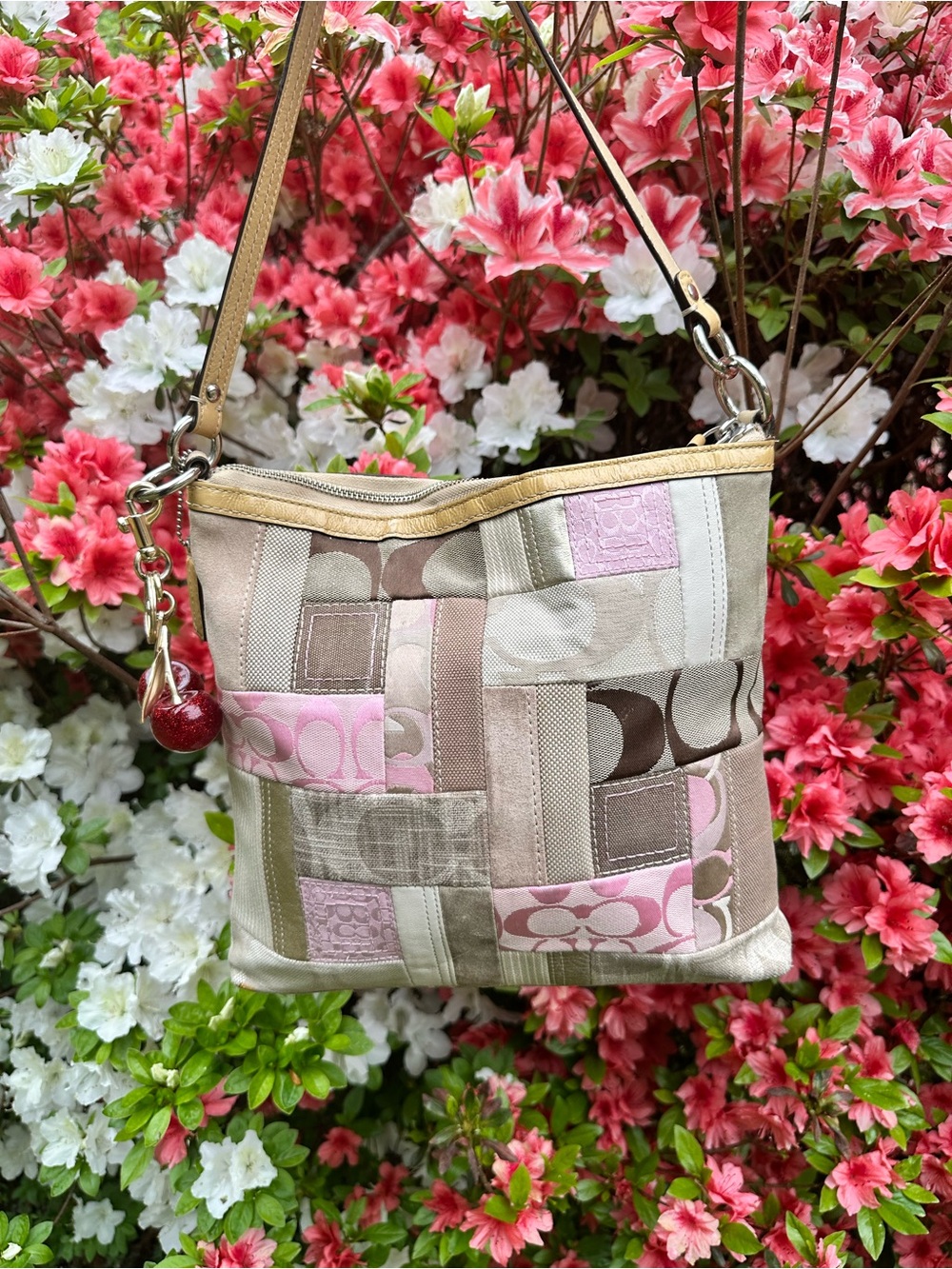 Coach Patchwork Signature Shoulder Bag in Pink, Tan & Brown
